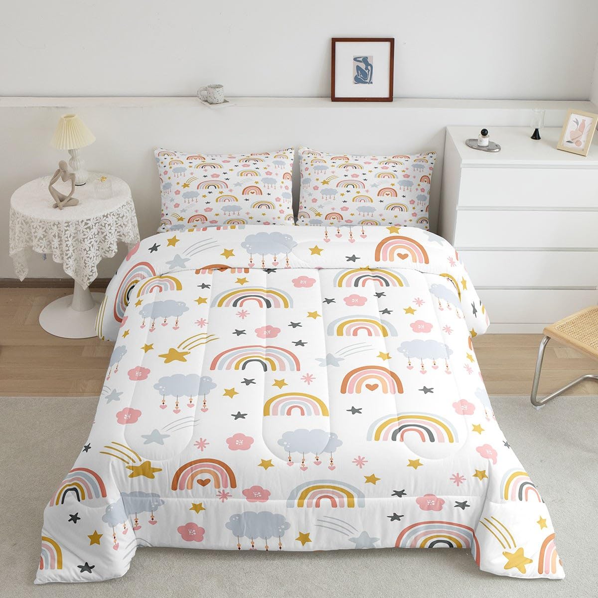 Jejeloiu Girls Rainbow Comforter Twin Size Cartoon Rainbow Comforter Set For Kids Boys Children Colorful Stripes Bedding Set Roo